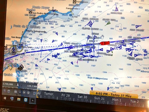 Calvert sailing through the Strait of Gibraltar - Calvert is the red marker and the blue markers are other ships. Very busy place